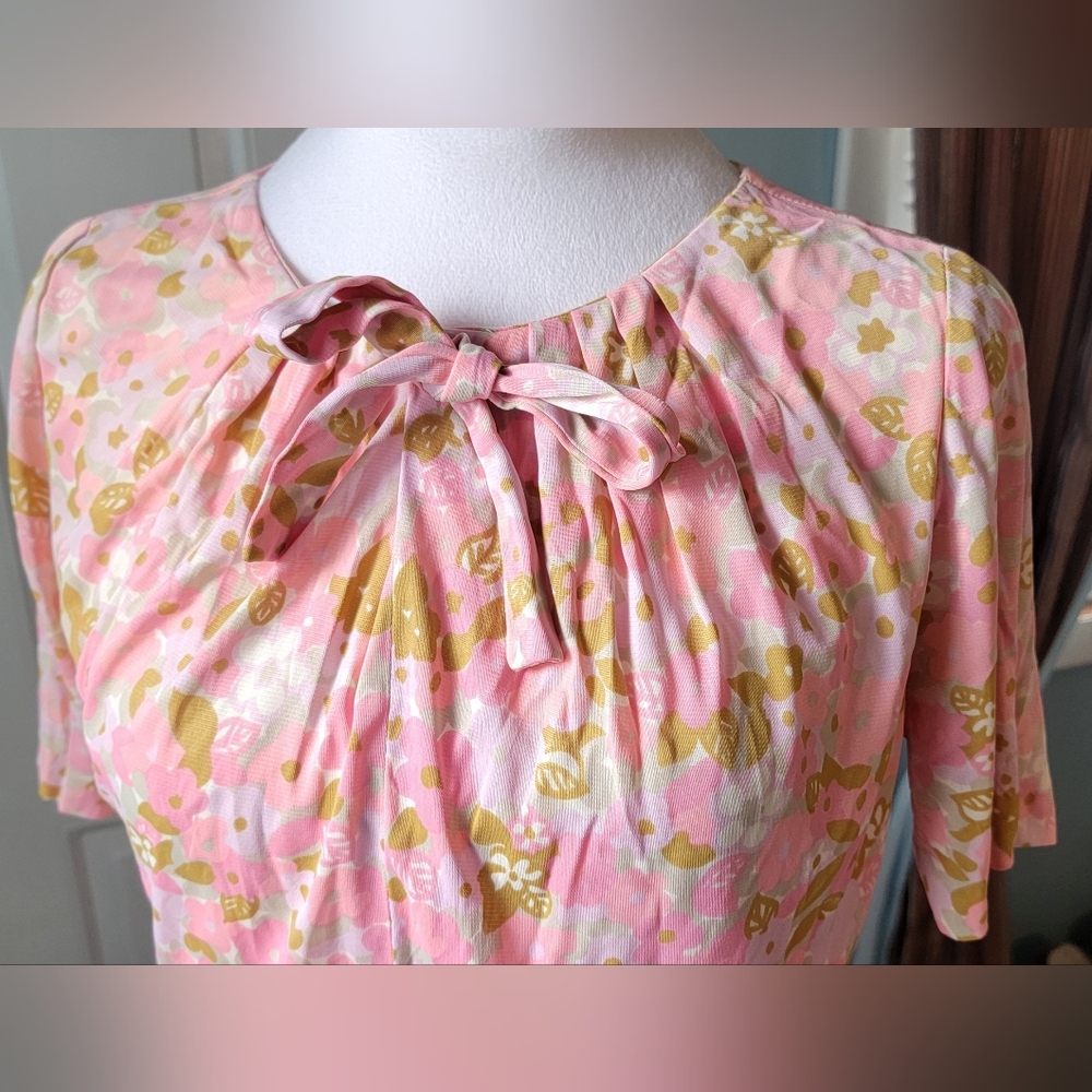 60s Vintg Midi Dress Womens 4 Pink Purple Tan Retro Floral Full Skirt Bow Detail - Picture 7 of 13